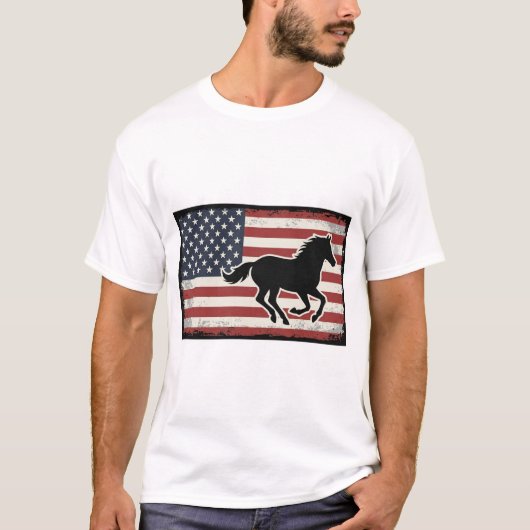 ヴィンテージ アメリカ国旗 馬 ベクターアートデザイン Tシャツ (正面)