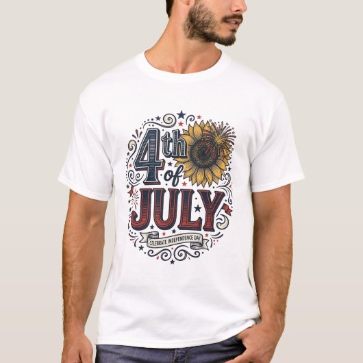 ヴィンテージ アメリカ独立記念日 愛国 サンフラワー Tシャツ デザイン (正面)