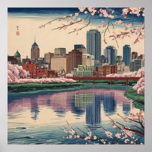 ヴィンテージ アメリカ ボストン市 空模様 浮世絵スタイル ポスター (正面)