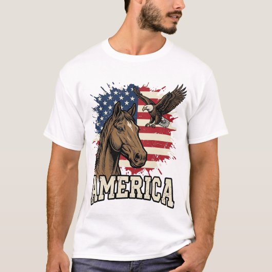ヴィンテージ アメリカ 馬 ワシ 愛国 ベクター デザイン Tシャツ (正面)