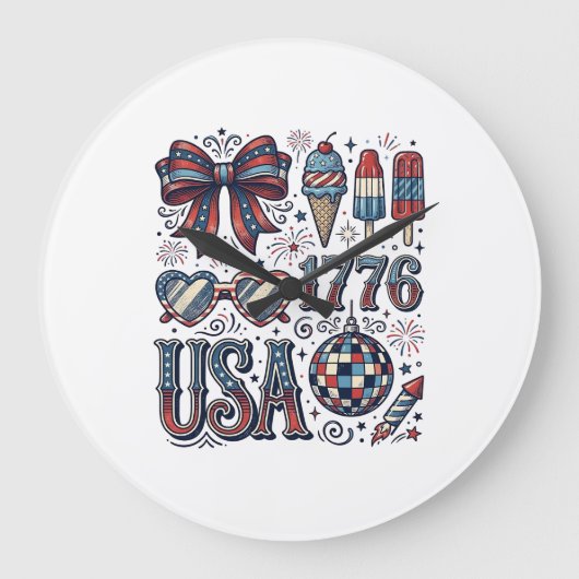 ヴィンテージ アメリカ 1776 愛国主義 サマーTシャツ デザイン 1 ラージ壁時計 (正面)