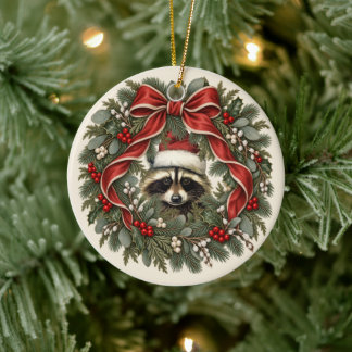ヴィンテージ・アライグマのクリスマスリース セラミックオーナメント