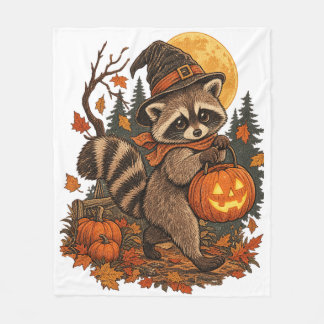 ヴィンテージ・アライグマ魔女のハロウィン・パンプキン・オータム フリースブランケット