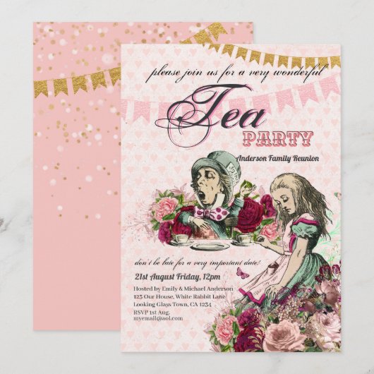 ヴィンテージ アリスインワンダーランド ティーパーティー オーダーメイド パーティー 招待状 (正面/裏面)