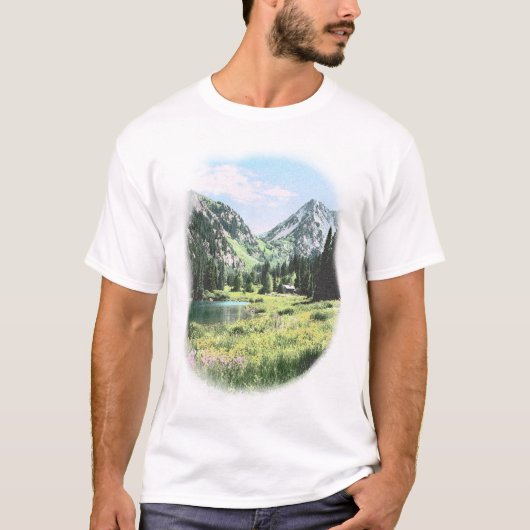 ヴィンテージ アルプスの山と湖の風景グラフィック Tシャツ (正面)