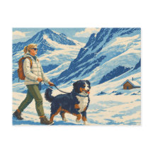 ヴィンテージ アルプスの山岳ハイキングと犬のはがき
