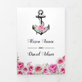 ヴィンテージ アンカー ピンクの花 海事 結婚式 三つ折り招待状