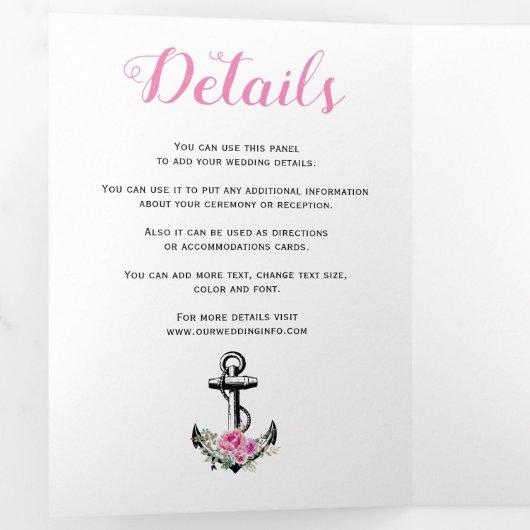 ヴィンテージ アンカー ピンクの花 海事 結婚式 三つ折り招待状 (内部最初)