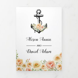 ヴィンテージ アンカー 水彩 花 海事 結婚式 三つ折り招待状