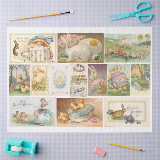 ヴィンテージ&アンティークイースターポストカードラビットデクページ 薄葉紙 (クラフト)