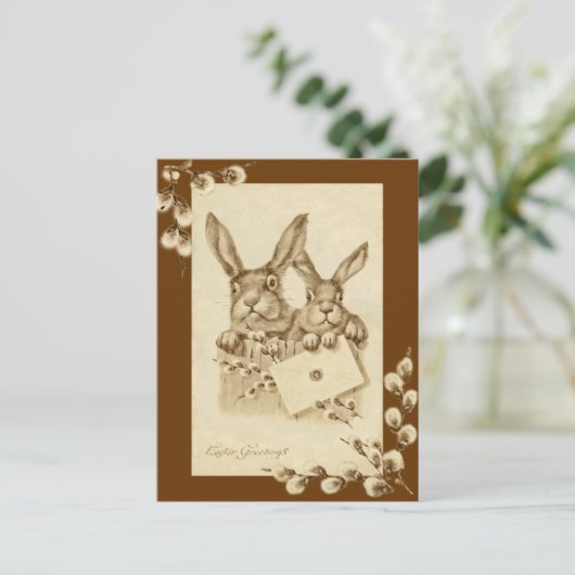 ヴィンテージ/アンティークイースターラビットセピアポストカード シーズンポストカード (スタンド正面)