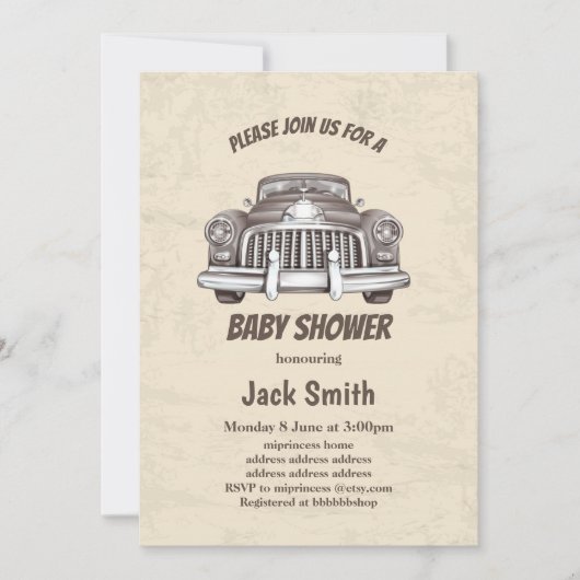 ヴィンテージ、アンティーク車のベビーシャワー 招待状 (正面)
