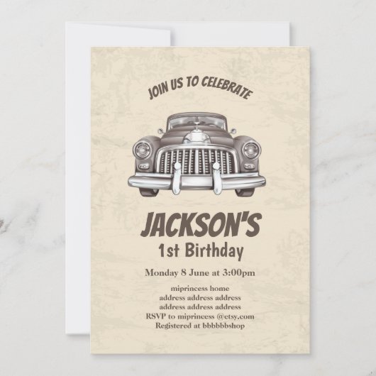 ヴィンテージ、アンティーク車の誕生日の招待状 招待状 (正面)