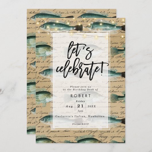 ヴィンテージ アンティーク お魚の誕生日パーティー招待状 招待状 (正面/裏面)