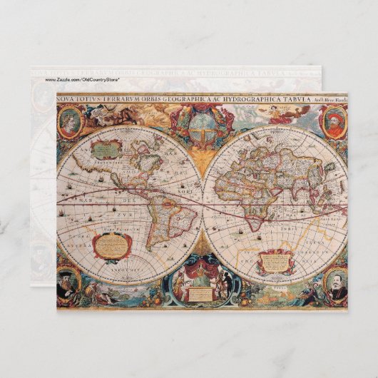 ヴィンテージ アンティーク オールド ワールド マップ デザイン フェード プリント ポストカード (正面/裏面)