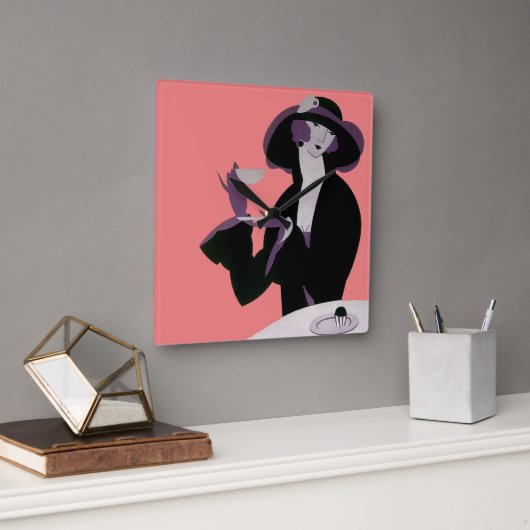 ヴィンテージ アートデコの女性、午後のティーとカップケーキ スクエア壁時計 (オフィス)