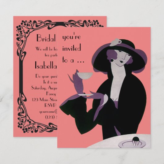 ヴィンテージ アートデコ アフタヌーンティー ブライダルシャワー パーティー 招待状 (正面/裏面)