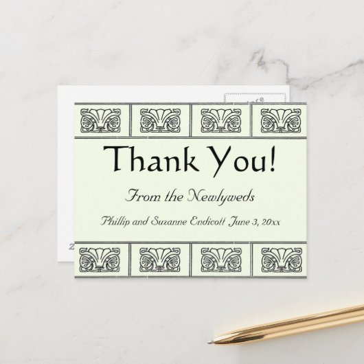 ヴィンテージ アートデコ フラワーズ ボーダー サンクス ポストカード (正面/裏面インサイチュ)