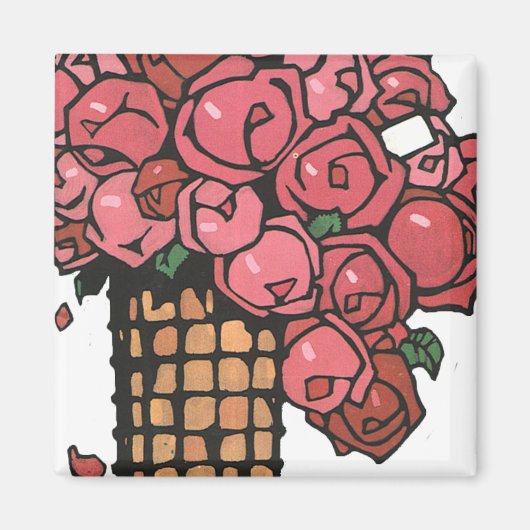 ヴィンテージ アートデコ フラワー、ピンクのガーデンローズ マグネット (正面)