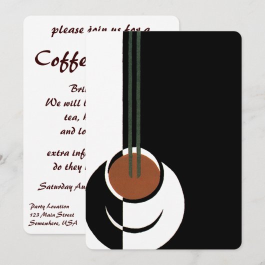 ヴィンテージ アートデコ、蒸気の上がるコーヒーカップ 招待状 (正面/裏面)