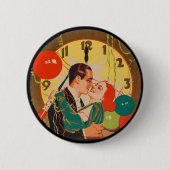 ヴィンテージ アールデコ お正月 イブ キス 時計 缶バッジ (正面)