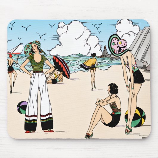 ヴィンテージ アールデコ ビーチ イラスト 1920年代 海岸 マウスパッド (正面)