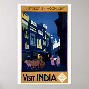 ヴィンテージ アールデコ 月夜の街 インド 旅行 ポスター
