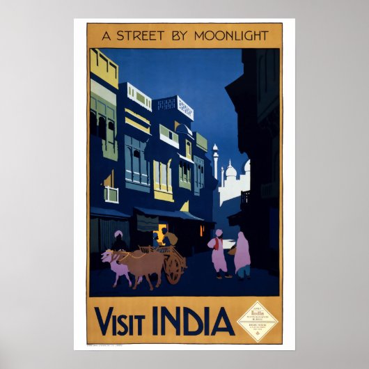 ヴィンテージ アールデコ 月夜の街 インド 旅行 ポスター (正面)