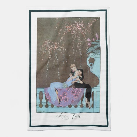 ヴィンテージ アールデコ 花火 Le Feu、ジョージ・バルビエ キッチンタオル (縦)