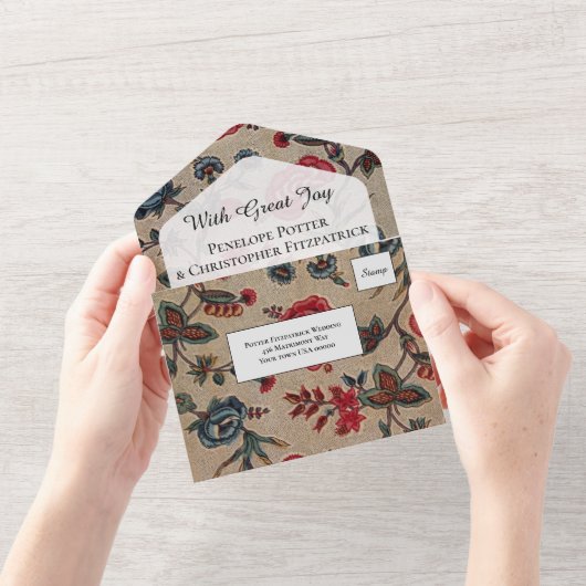 ヴィンテージ アールヌーボー フラワー パターン ウェディング オールインワン オールインワン招待状 (開いている状態)