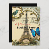ヴィンテージ アールヌーボー 青い渦巻き パリ エッフェル塔 招待状 (正面/裏面)