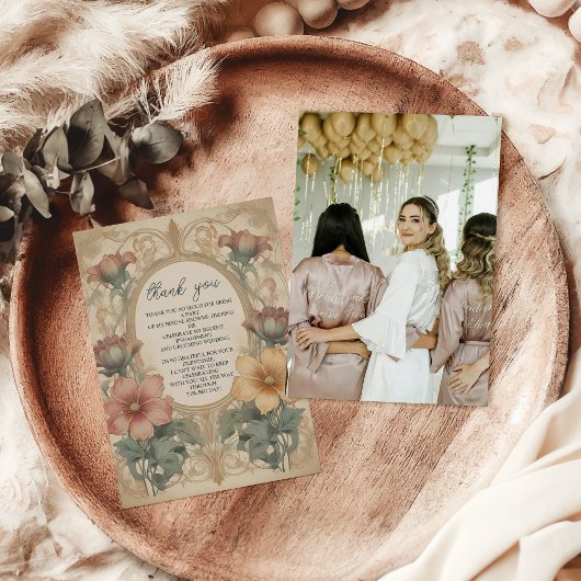 ヴィンテージ アールヌーヴォー フラワーブライダルシャワー フォト サンキューカード