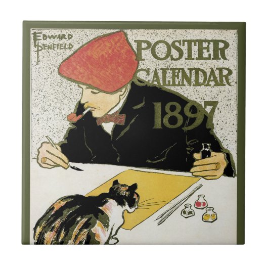 ヴィンテージ アール・ヌーヴォー、アーティストのペット猫との絵画 タイル (正面)