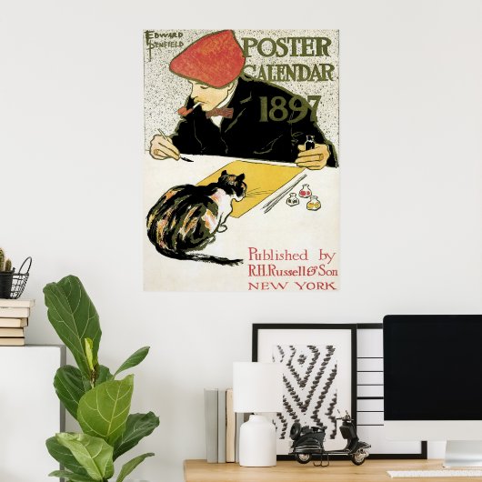 ヴィンテージ アール・ヌーヴォー、アーティストの絵画とペット猫 ポスター (ホームオフィス)