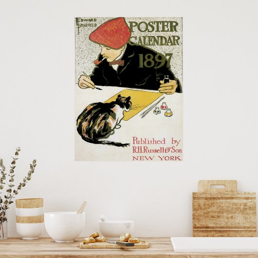 ヴィンテージ アール・ヌーヴォー、アーティストの絵画とペット猫 ポスター (キッチン)