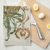 ヴィンテージ アール・ヌーヴォー、オカメインコ、ハスの花 キッチンタオル (四つ折り)