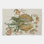 ヴィンテージ アール・ヌーヴォー、オカメインコ、ハスの花 キッチンタオル (横)