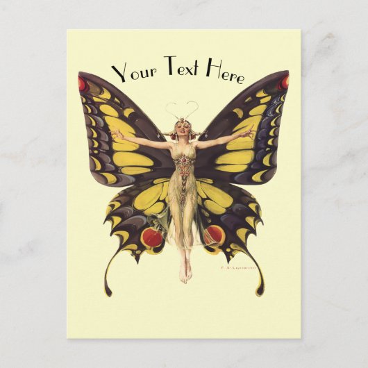 ヴィンテージ アール・ヌーヴォー「フラッパー」蝶の羽根付き ポストカード (正面)