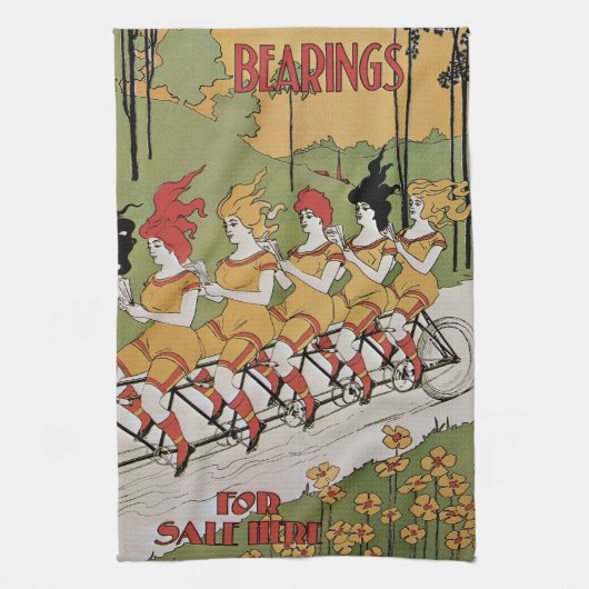 ヴィンテージ アール・ヌーヴォー、ベアリングス タンデム バイク キッチンタオル (縦)