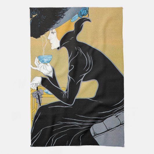 ヴィンテージ アール・ヌーヴォー、マルコ・ポーロの茶を飲む女性 キッチンタオル (縦)