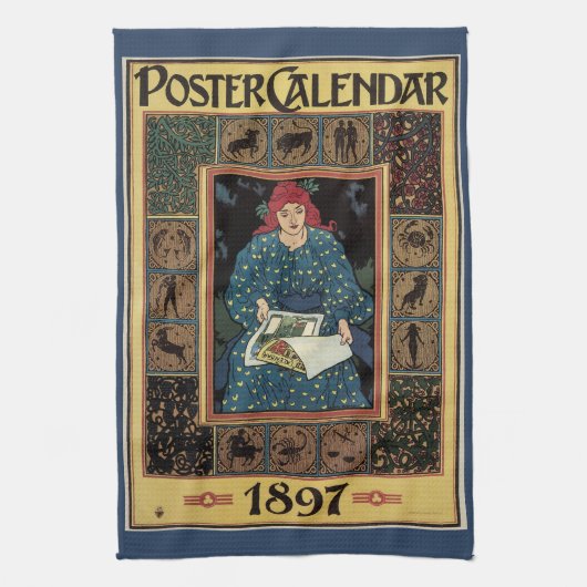 ヴィンテージ アール・ヌーヴォー、占星術の本を読む女性 キッチンタオル (縦)