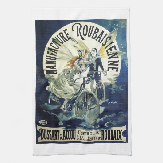 ヴィンテージ アール・ヌーヴォー 妖精、 自転車のピエロ 月夜 キッチンタオル (縦)