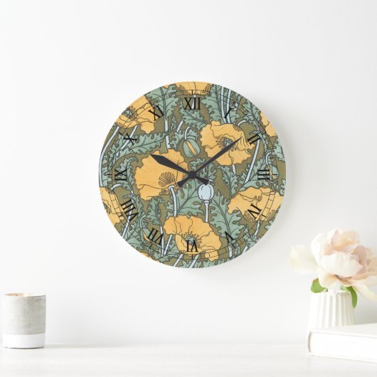 ヴィンテージ アール・ヌーヴォー、庭園のケシの花 ラージ壁時計 (ホーム)