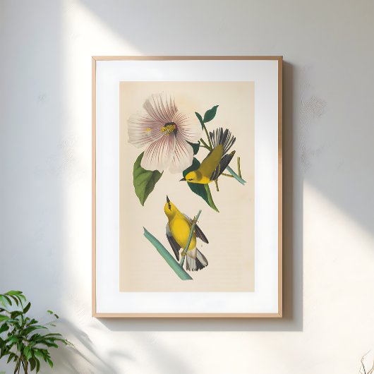 ヴィンテージ イエローの鳥 花のイラスト ポスター