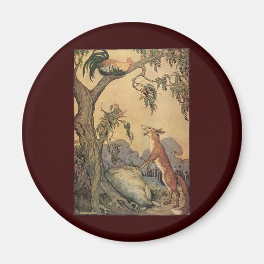 ヴィンテージ　イソップの寓話　狐　鶏と犬 マグネット (正面)