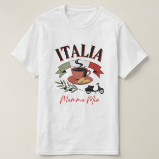 ヴィンテージ・イタリアのコーヒー、レトロなスクーターとマンマ・ミーア Tシャツ