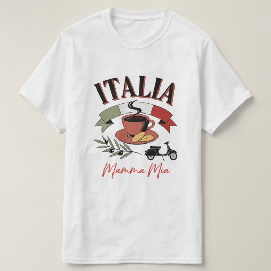 ヴィンテージ・イタリアのコーヒー、レトロなスクーターとマンマ・ミーア Tシャツ (デザイン正面)