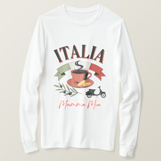 ヴィンテージ・イタリアのコーヒー、レトロなスクーターとマンマ・ミーア Tシャツ