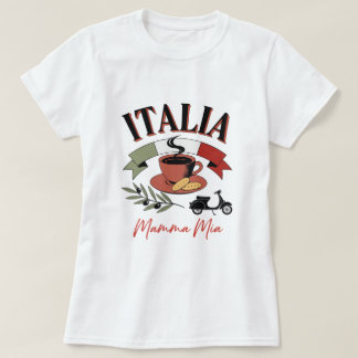 ヴィンテージ・イタリアのコーヒー、レトロなスクーターとマンマ・ミーア Tシャツ