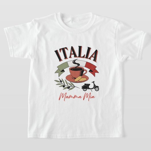 ヴィンテージ・イタリアコーヒー、レトロスクーター、マンマ・ミーア Tシャツ (レイダウン)